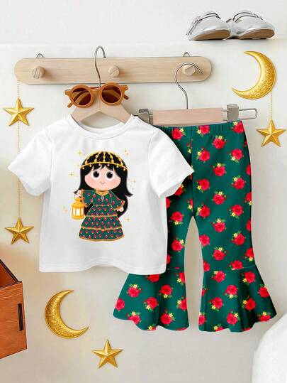 SHEIN 2pcs Baby Girls/Unisex Infant Toddler 0-3Y Casual Floral Print Short Sleeve T-Shirt And Floral Bell-Bottom Pants Set, Suitable For Spring/Summer, Daily, Outdoor, Homewear, Fashion Cute Toddler Sets,Baby Arabic Clothing,Baby Bell Bottom Outfit,Baby Clothes Girl Flounce Sleeve