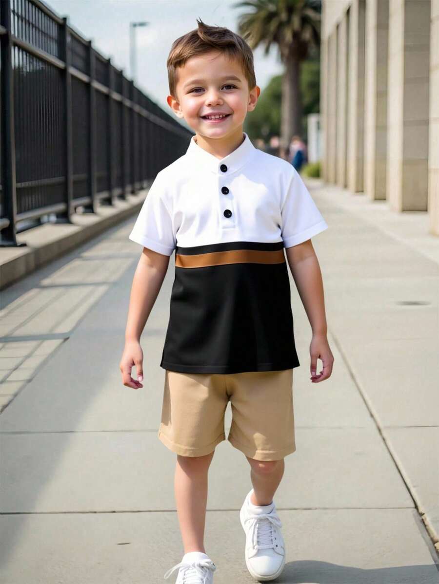 SHEIN Genkimix Kids 1件男童针织舒适短袖polo衫，时尚运动撞色设计，宽松版型，适合春夏穿着，适合度假、海滩、日常穿着。