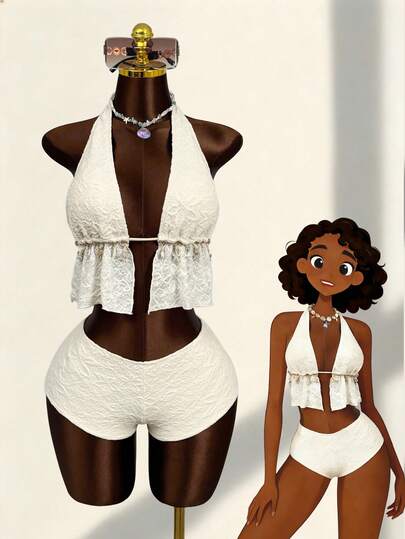 Zestiva Women's Special Fabric Pleated Tie Halter Bowknot Starfish Decor Bikini Top And Hipster Bottoms Bikini Set Set