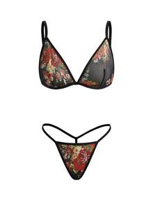 Valentine's Day Women's Sexy Lingerie Set, Includes Printed Mesh Japanese Robe, 4pcs
