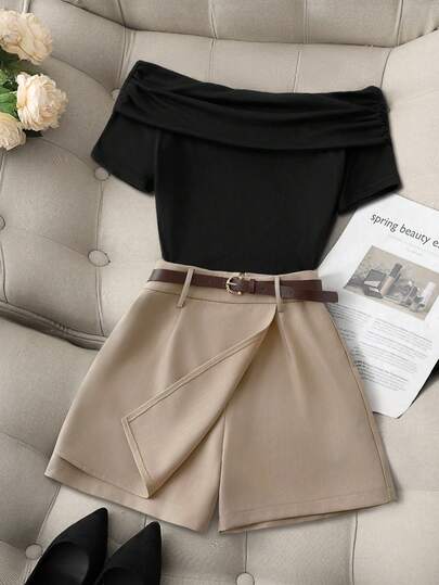 SHEIN Franclia Women's Casual Elegant Minimalist Off-Shoulder Short Sleeve Top And Elastic Waist Shorts 2-Piece Set, Suitable For Commuting