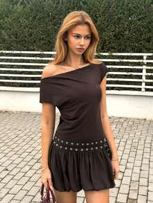 MainGRL American Casual Sports Brown Asymmetric Waist Eyelet Decor A-Line Dress, Spring/Summer - Brown - View 6