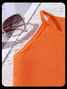 SHEIN 女童针织背心+印花裙两件套，适合日常通勤、外出，展现活泼可爱风格，小女孩两件套女童夏装套装，小女孩套装夏季 - 橘色 - 查看 4