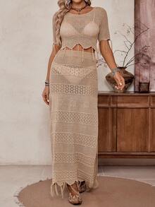 SHEIN LilyWest Western Style New Hollow Tassel Hem Round Neck Short Sleeve Cropped Top And A-Line Long Skirt Two Pieces Knit Set, Versatile - Khaki - View 3