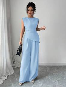 Rafferiza 2pcs/Set Women Solid Color Textured Pleated Round Neck Sleeveless Top - Baby Blue - View 3