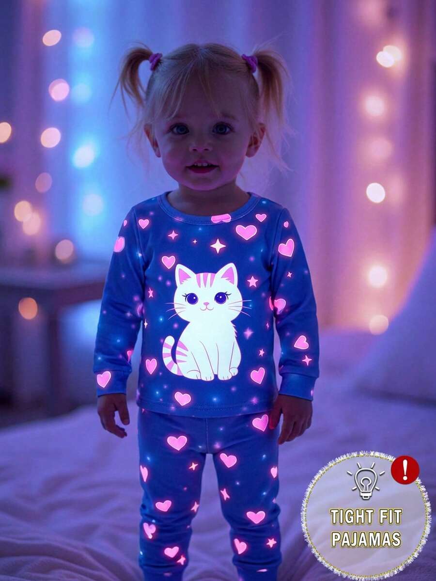 2pcs Baby Girls Snug Fit Sleepwear Set, Cozy Cat & Heart Glow-In-The-Dark Print, Stretchy Knit Fabric, Long Sleeve Top And Pants