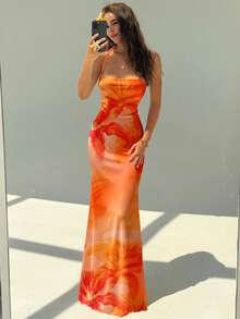 Aloruh 女士优雅印花露背吊带连衣裙，露背连衣裙，芙蓉花，夏威夷花卉，沙滩装，度假装 - 彩色 - 查看 6