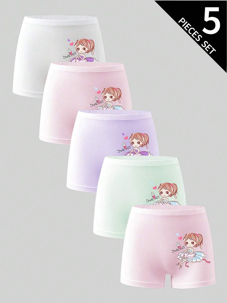 5pcs Young Girls Princess Style Briefs - Pink - View 1