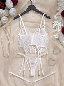 4件套性感女士刺绣网纱文胸套装 - 白色 - 查看 7