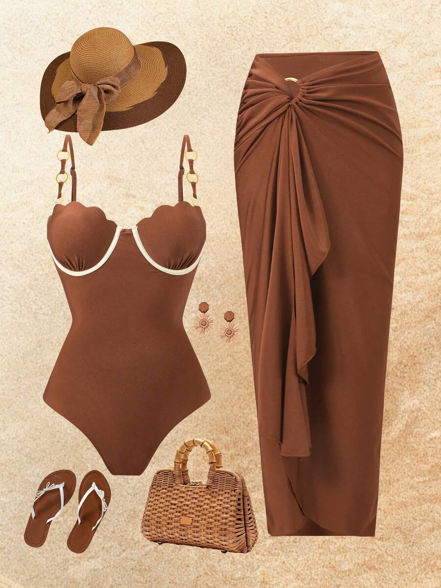 Swim Oasis Áo tắm liền thân có gọng nâng ngực, chất liệu vải ánh kim bóng bẩy, trang trí hình vỏ sò, thích hợp cho kỳ nghỉ biển. - màu nâu - Xem 1