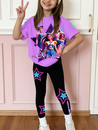 2pcs/Set Girls Casual Fashionable Creative Personalized Refreshing Cute Minimalist Virtual Girl Group Colorful Star Graphic Letter Print Short T-Shirt And Leggings Comfortable Daily Outfit, Suitable For Spring, Summer, Autumn, K-Pop Style Purple T-Shirt And Black Leggings Tv Girl Clothes Girl Sports Set 80s Outfit Girls Y2k Clothes Girls