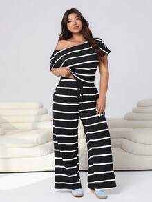 Solflare Plus Size Women Striped Asymmetrical Shoulder Short Sleeve Top And Tie Waist Wide Leg Pants Casual 2 Pieces Set - Black and White - View 3