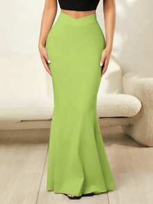 SHEIN SXY Chân váy maxi đuôi cá màu xanh neon lệch eo dành cho nữ - màu xanh lá - Xem 5