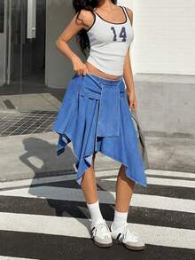 SHEIN Chân váy denim nữ kiểu dáng thường ngày với thắt eo và vạt bất đối xứng. - Màu xanh lam - Xem 4