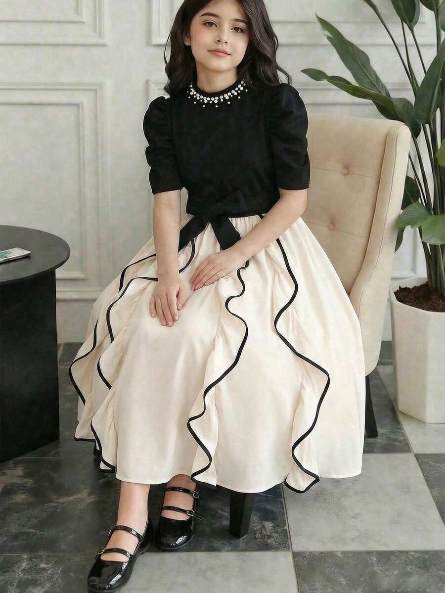 SHEIN 女童休闲印花收腰长连衣裙，适合日常穿着和通勤。 - 彩色 - 查看 1