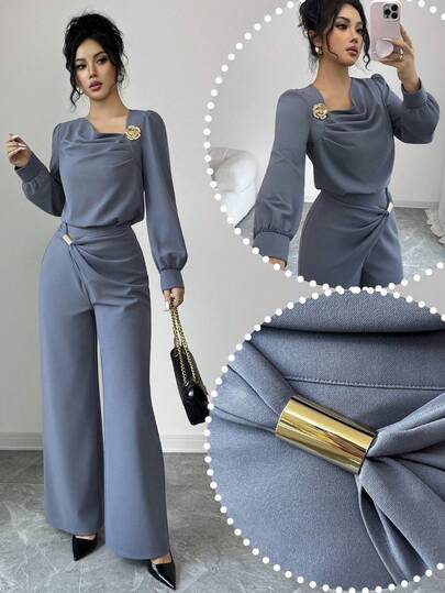 Elenzga طقم بلوزة وبنطلون للنساء ذو تصميم أنيق للارتداء اليومي، البلوزة بياقة منقوشة وأكمام طويلة مزينة بزهرة معدنية، والبنطلون ذو ساق مستقيمة مع أزرار جانبية ومشبك معدني، مناسب للخريف والشتاء