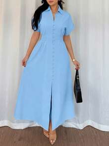 Rafferiza 女士休闲衬衫裙，纽扣前襟，插肩袖，腰部收紧 - 霧霾藍 - 查看 4