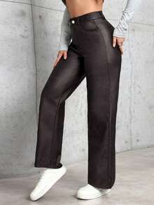 SHEIN PETITE Women's Solid Color Slant Pocket Casual Straight Leg Pants ,Petite Women - Coffee Brown - View 4