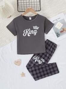 男童休闲文字格子印花短袖上衣和裤子睡衣套装 - 深灰色 - 查看 8