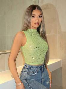 SHEIN BAE Khaki/Nude Color Rhinestone Decor Mesh Sexy Backless Camisole, Elegant For Country Concert, Festival, Music Event, Party, Summer Date Night - Lime Green - View 5