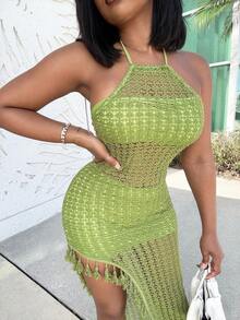 Alexandranx Sexy Boho Colorful Crochet Wavy Pattern High Split Dress, Halter Backless Tassel Hem Vacation Dress, Suitable For Casual Outing, Date, Birthday, Party, Nightclub, Island Resort, Holiday,Rave Outfits Festival - Green - View 5