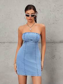 SHEIN Tall Tall Strapless Stretch Washed Denim Bodycon Dress - Light Wash - View 3
