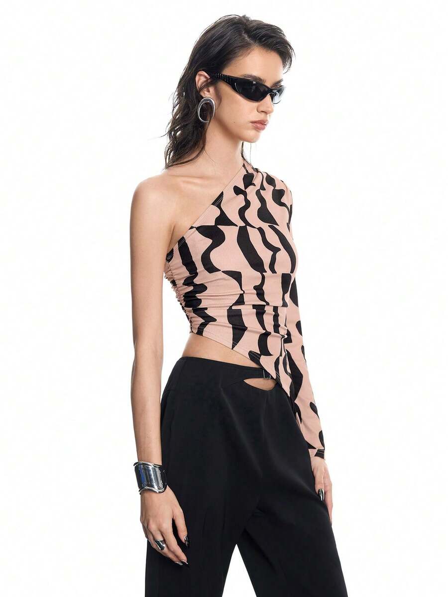 Airlisse Women's Fashion Geometric Print Oblique Hem Long Sleeve T-Shirt, Suitable For Party, Commuting, Office Wear, Spring/Autumn - Apricot - View 1