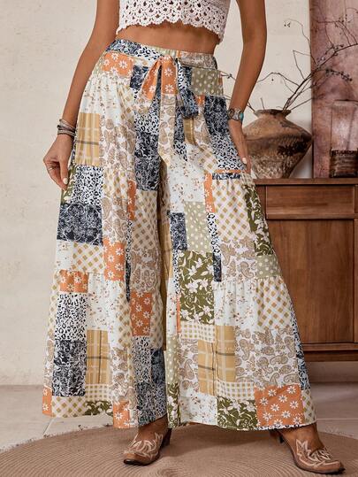 LanaWest 女士拼接花卉复古印花系带褶裥阔腿裤，宽松休闲西部乡村风格，春夏款
