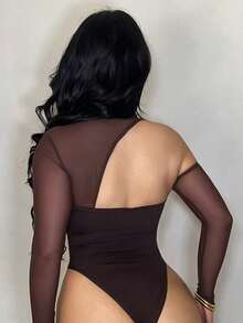 Dayanna Comas 女士黑色網紗接縫不對稱無肩帶連體衣，演唱會裝，裝備套裝，節日裝，夏季上衣 - 咖啡棕 - 查看 2