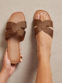 SHUZIA Women Minimalist Comfortable Woven PU Flat Sandals - Maroon - View 2