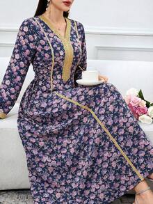 Al Najma Women's Elegant Floral Print V-Neck Long Sleeve Arabic Style Dress With Ribbon Trim - Navy Blue - View 3