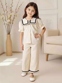 Elladie kids Young Girls Shirt Set - Top With Sweet Cute Contrast Collar, Elastic Cuff + Straight Leg Pants With Crinkle Texture Fabric, Casual Style Suitable For Summer Girls Spring Autumn Suit Girl Two Piece Pants Set Girls Clothes Sets Shirt Pants Collar Shirt Pants Set