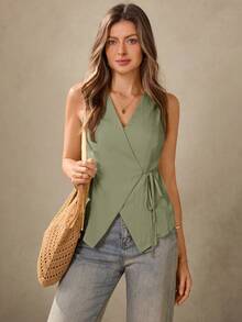 Wildy 波西米亚风休闲美式乡村风无袖裹身衬衫，适合教师、办公室通勤穿着，复古造型 - 軍綠色 - 查看 1