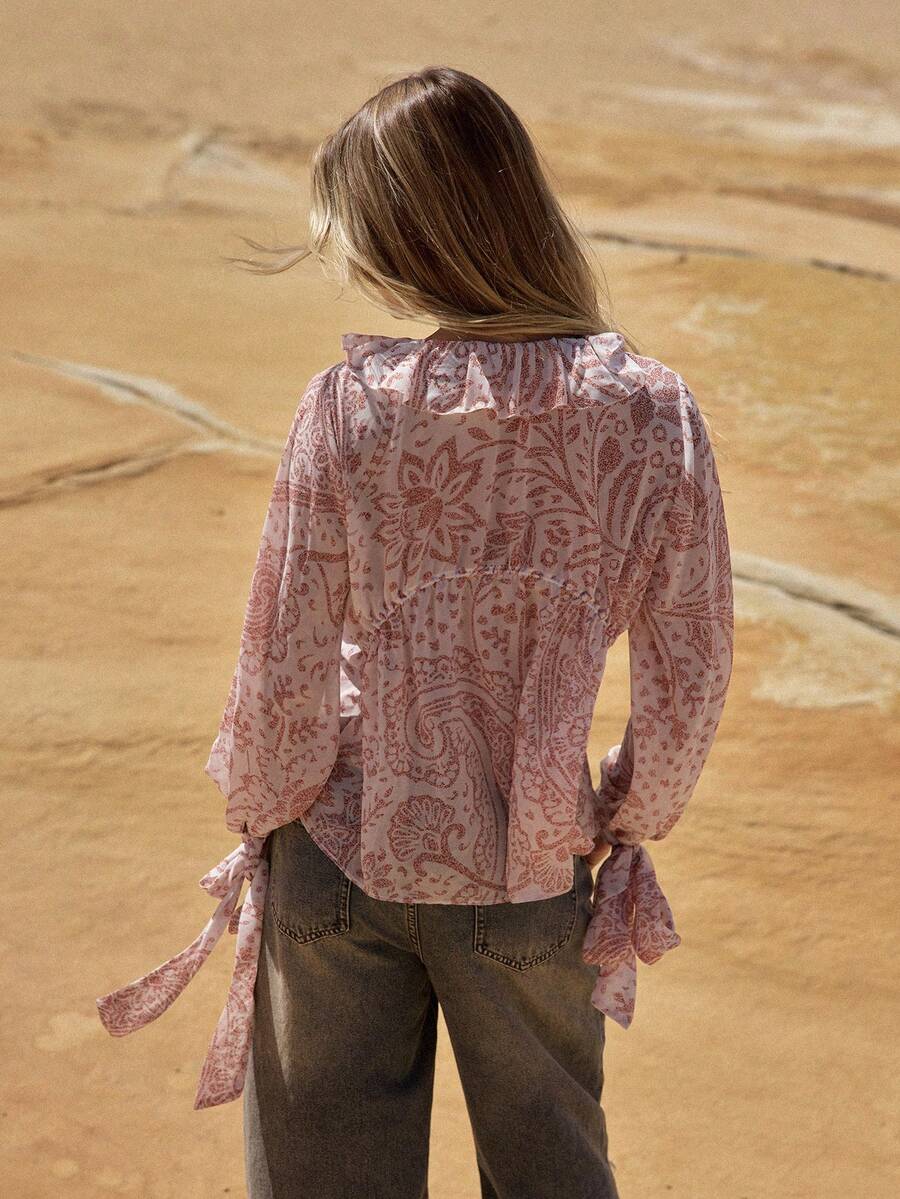 MOTF STUDIO ÁO KIỂU DÁNG NGHỈ DƯỠNG NỮ CHIFFON XẾP NẾP CÓ HỌA TIẾT, XUÂN/HÈ - trắng - Xem 2