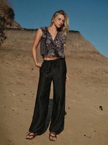 MOTF STUDIO 女士弹力腰带抽绳波西米亚风长裤，春夏款 - 黑色 - 查看 6