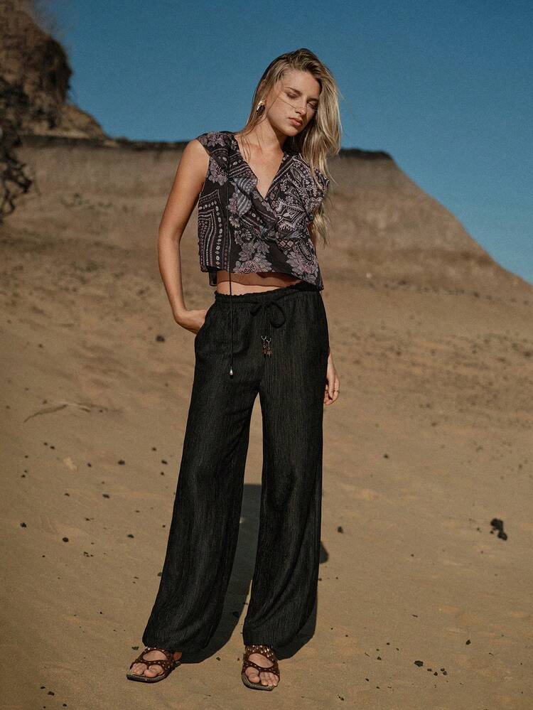 MOTF STUDIO ウィメンズ エラスティック ウエスト ドローストリング ボヘミアン スタイル ロングパンツ、春夏