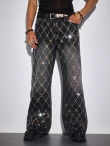 ROMWE MEN Jeans de corte holgado con bolsillos en diagonal y lavado con piedras rhinestone para hombre - Negro - Ver 6