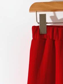 GlowEve Women's Red Knitted Textured Round Neck Cinched Waist Ruched Flared Design Elegant Niche Sense Luxury Shirt And Straight Leg Pants 2 Pieces Set, Spring/Summer - Red - View 8