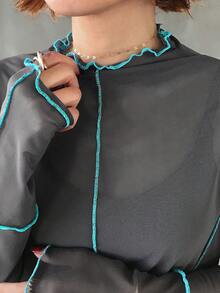 FRIFUL 女士荷叶边圆领长袖网纱透视休闲衬衫 - 灰色 - 查看 2