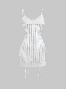 ROMWE Y2K 女士运动条纹抽绳蕾丝吊带V领迷你连衣裙 - 彩色 - 查看 10