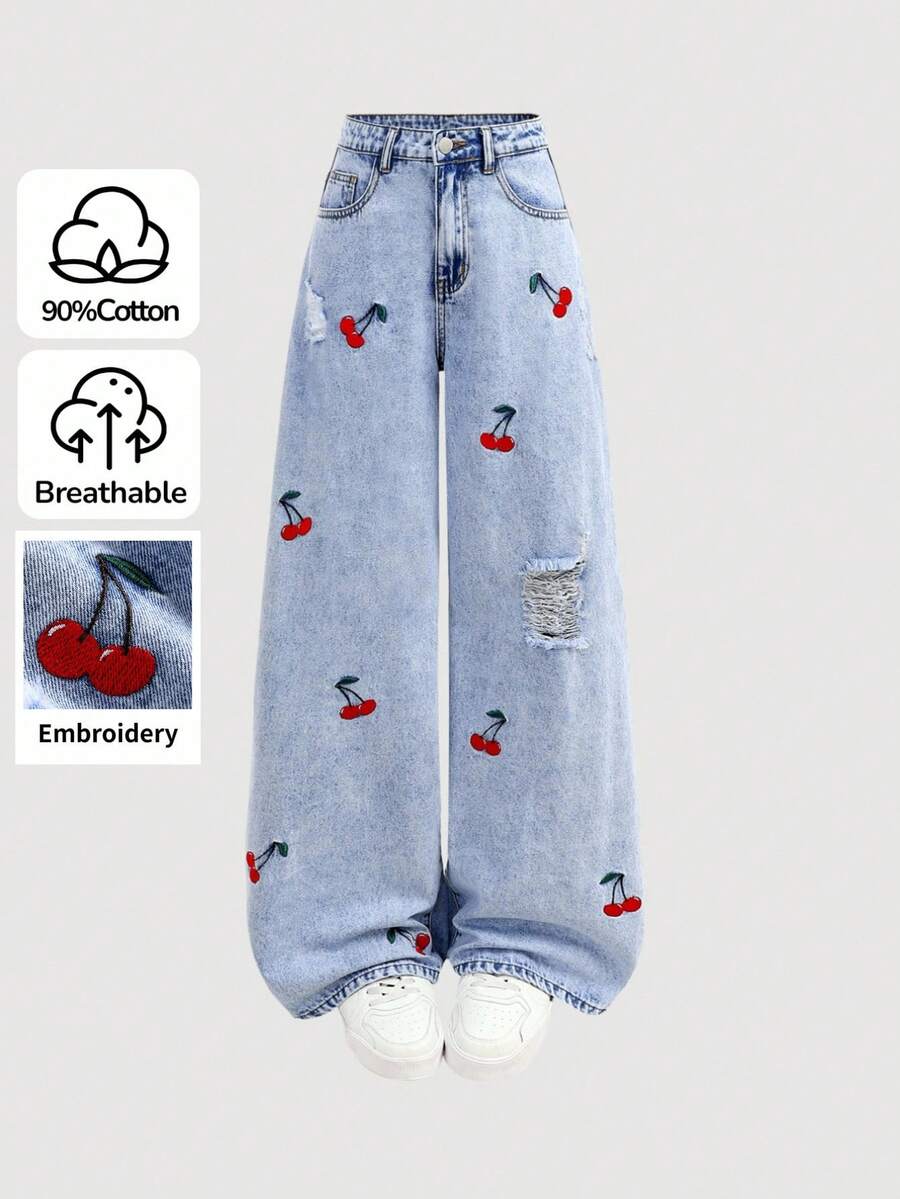 SHEIN Teen Girl Fashion Casual Y2k Vintage Cool Street Y2k Vintage Baggy Jeans Wide Leg Denim Pants Harajuku Kpop Streetwear Trousers Retro 2000s Style Spring, Fall Back To School Dailwear Spring And Summer Rave Festival And Streetwear - Blue - View 1
