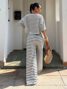 Muchica Women's Summer New Textured Striped Loose Short Sleeve T-Shirt And Pants Set - Apricot - View 2