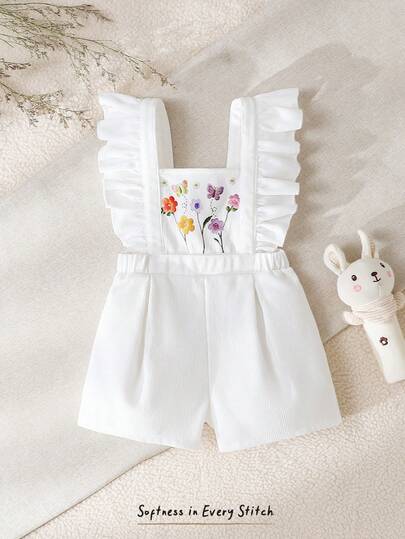 Cozy Pixies 女婴可爱休闲白色荷叶边腰部连体衣，纯色百搭方领无袖印花连体裤，夏季必备