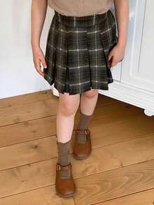 DAZY 少女格子印花高腰休闲百搭迷你裙 - 棕色 - 查看 8