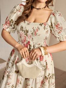 Roveilla 大码女装春夏新款印花方领短袖系带A字连衣裙 - 彩色 - 查看 3