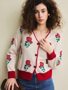 Écloséra 早春新款浪漫情人节复古撞色玫瑰提花V领长袖宽松女式开衫毛衣 - 彩色 - 查看 6