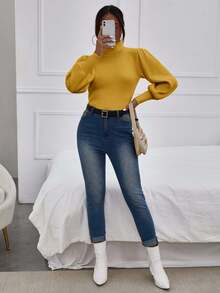 RueChic Turtleneck Lantern Sleeve Ribbed Knit Sweater - Yellow - View 5