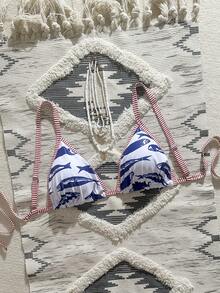 Swim Vcay 大码女士印花露背吊带比基尼上衣 - 彩色 - 查看 1