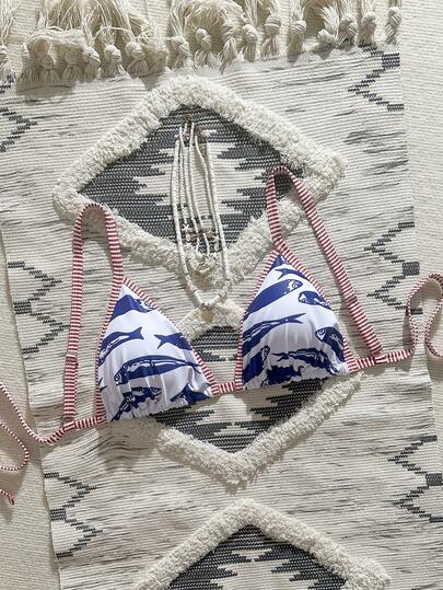 Swim Vcay Top de bikini con estampado, escote halter y espalda descubierta para mujer talla grande