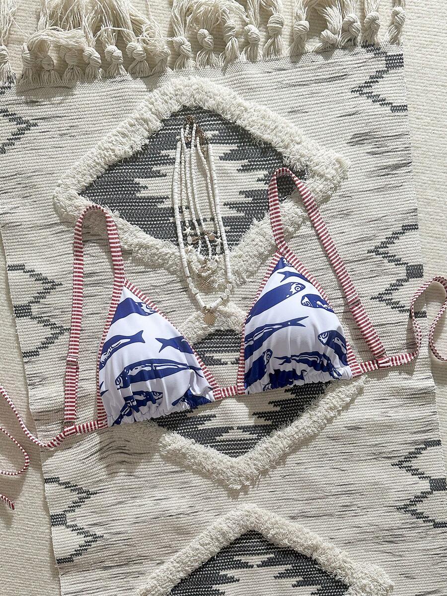 Swim Vcay 大码女士印花露背吊带比基尼上衣 - 彩色 - 查看 1